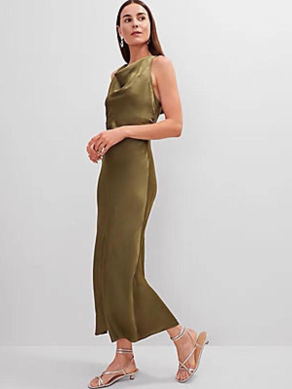 NWT Ann Taylor Olive Satin Bias Maxi Dress Size 14